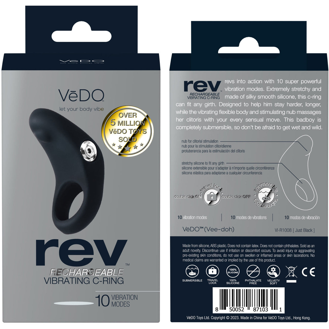 VeDo Rev Silicone Rechargeable Vibrating Cock Ring - Black VeDo Rev Silicone Rechargeable Vibrating Cock Ring - Black